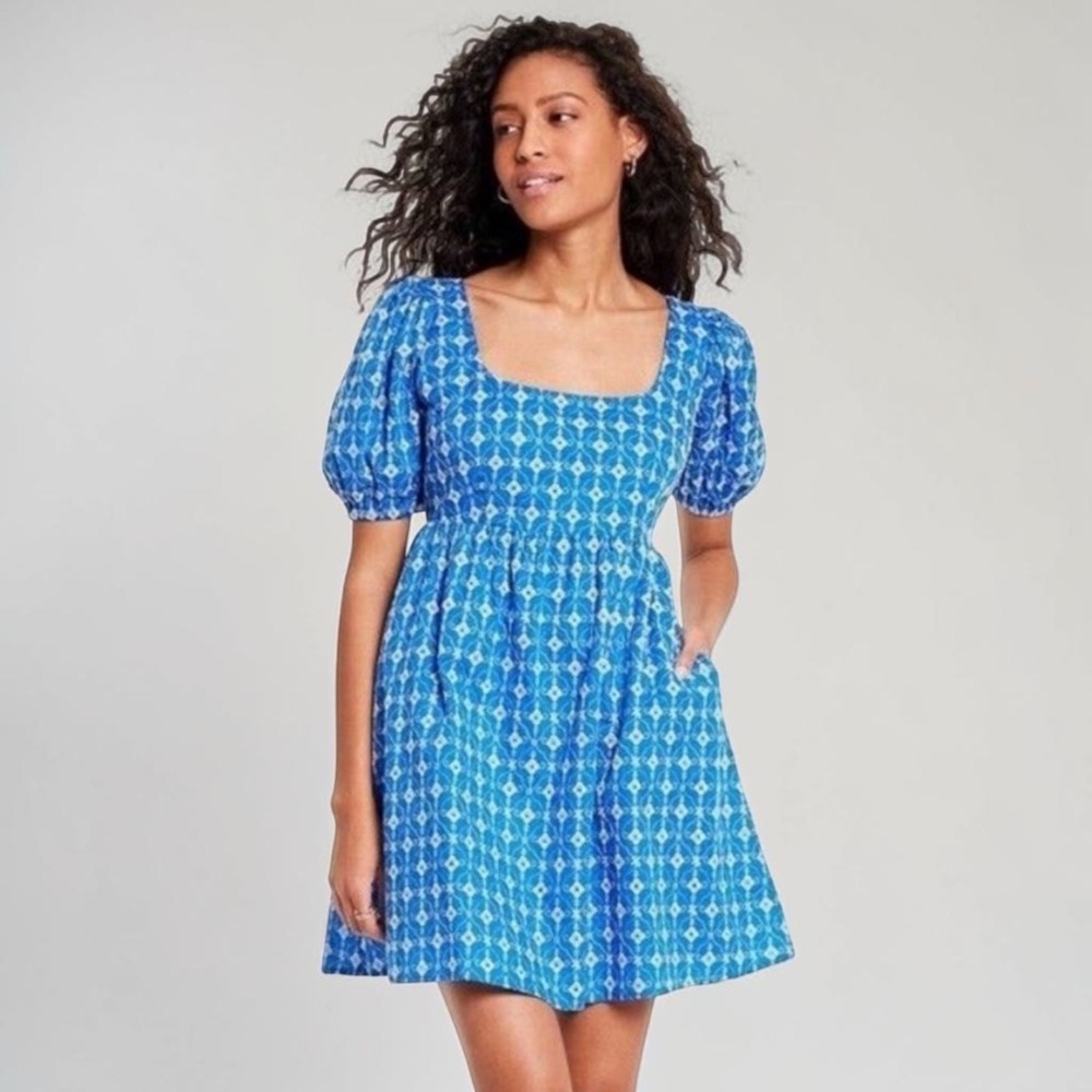 Rhode x Target Embroidered Puff Sleeve Square Neck Mini Dress Blue L Cottagecore
